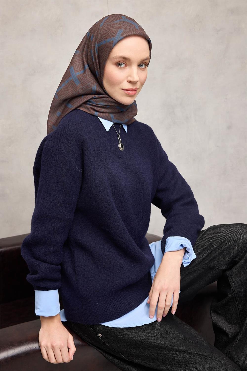 Pamuk Polyester Soft Eşarp Açık Kahverengi Geometrik Desenli Kaymaz Dokulu Tok Duruşlu 90x90