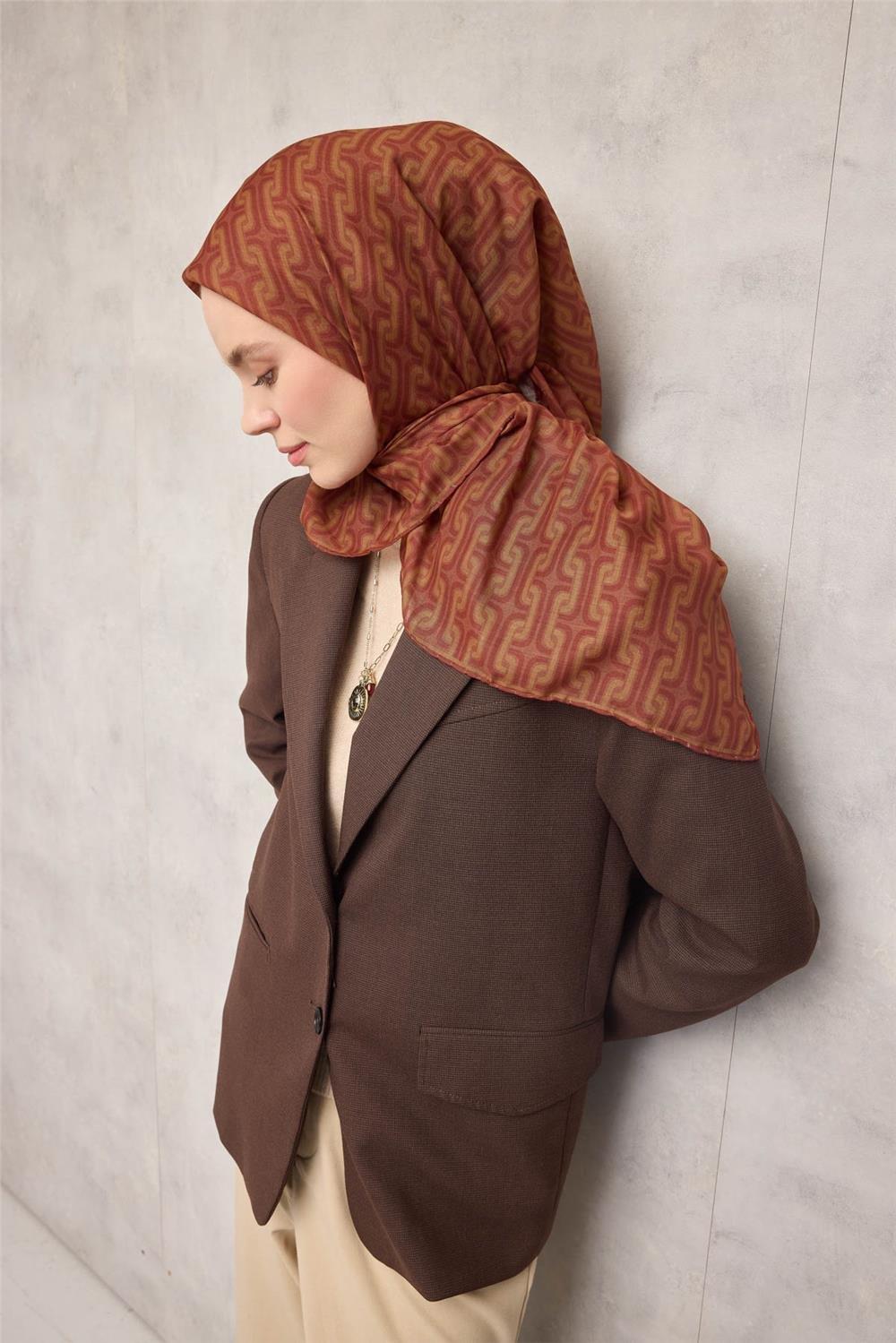 Pamuk Polyester Soft Eşarp Geometrik Desen Tarçın 90x90