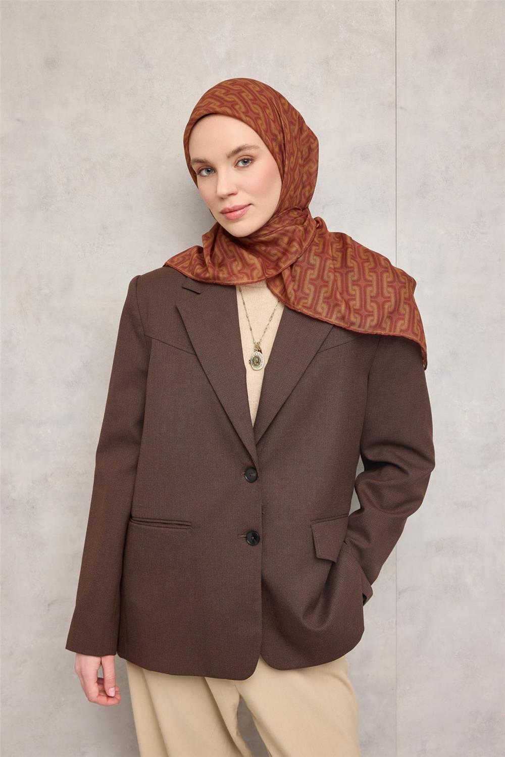 Pamuk Polyester Soft Eşarp Geometrik Desen Tarçın 90x90