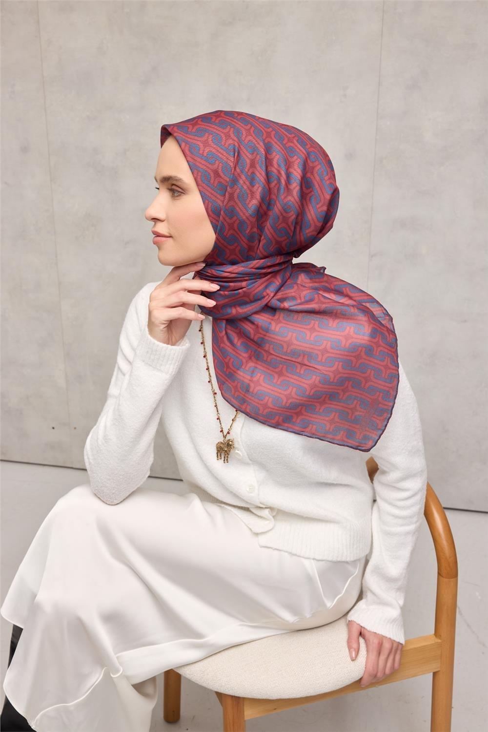 Pamuk Polyester Soft Eşarp Geometrik Desen Kiremit 90x90