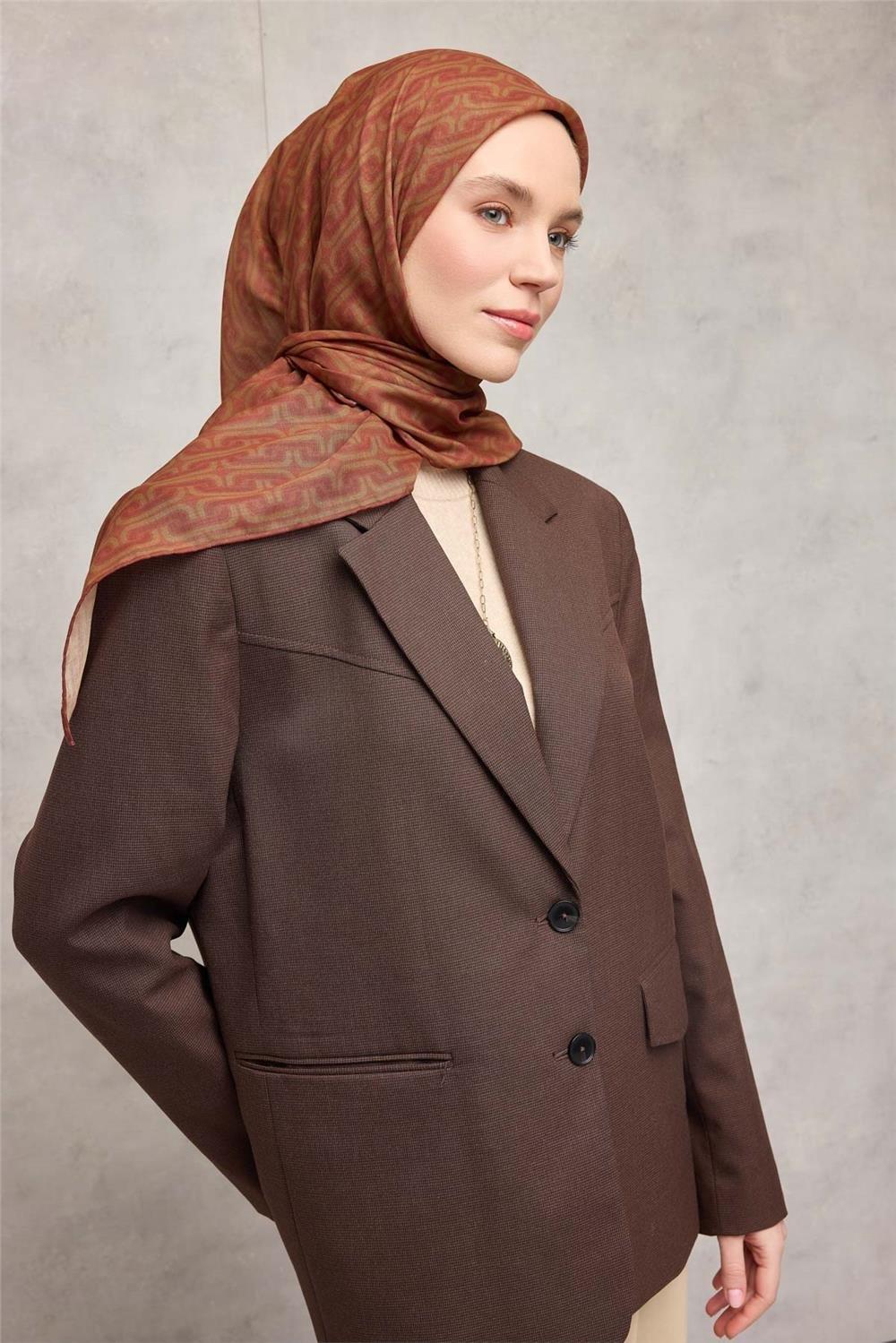 Pamuk Polyester Soft Eşarp Geometrik Desen Turuncu 90x90