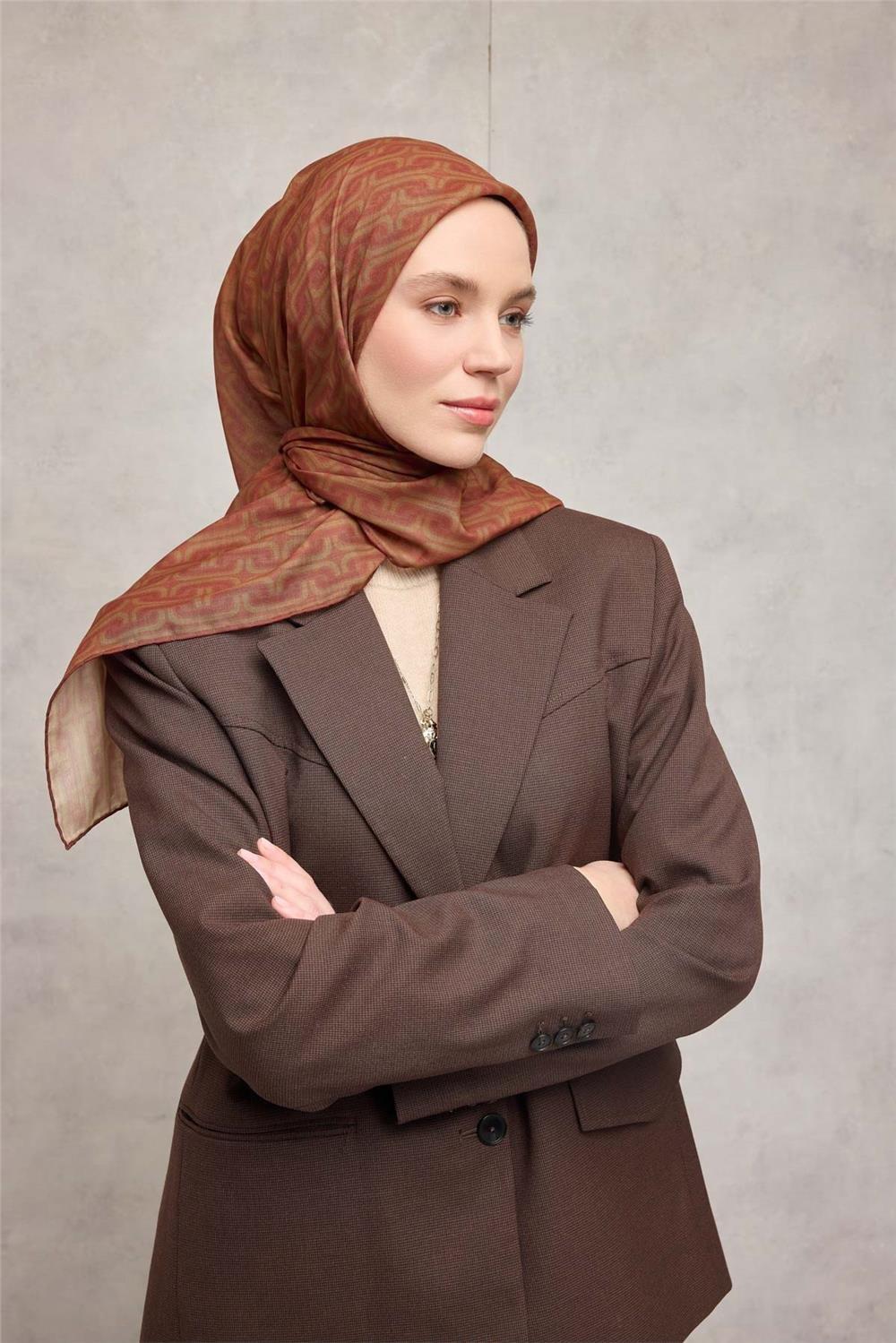 Pamuk Polyester Soft Eşarp Geometrik Desen Turuncu 90x90