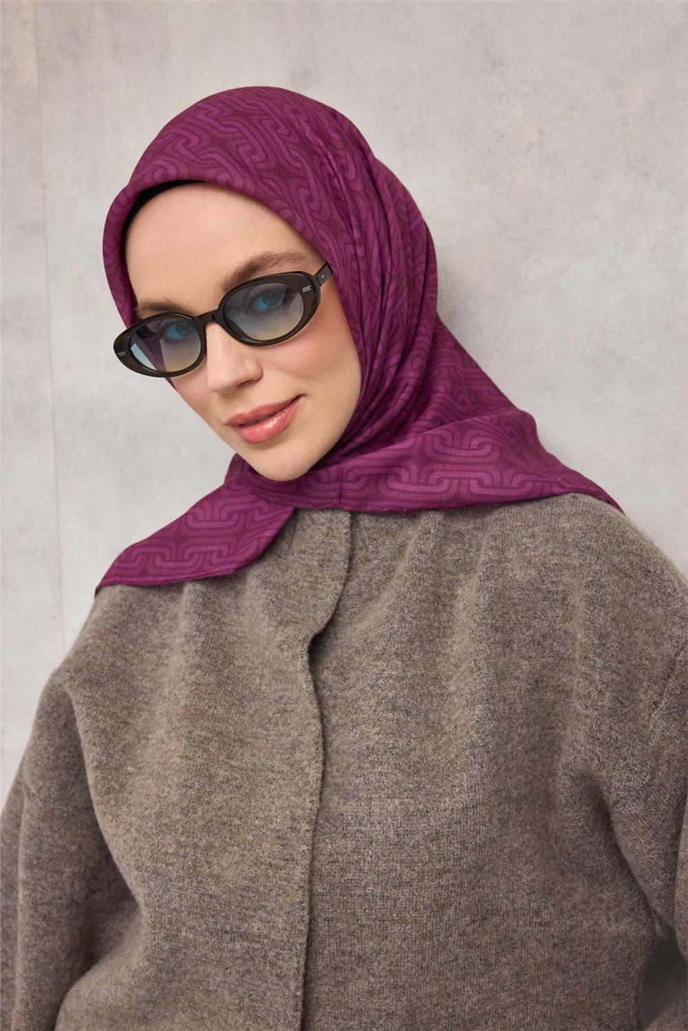 Pamuk Polyester Soft Eşarp Geometrik Desen Eflatun 90x90