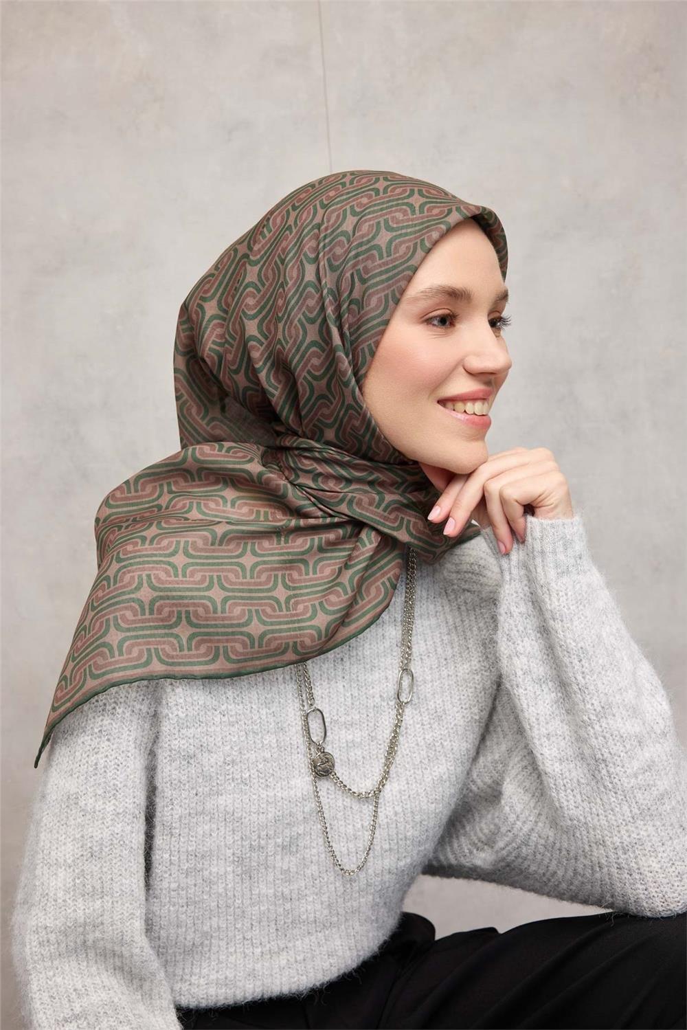 Pamuk Polyester Soft Eşarp Geometrik Desen Krem 90x90