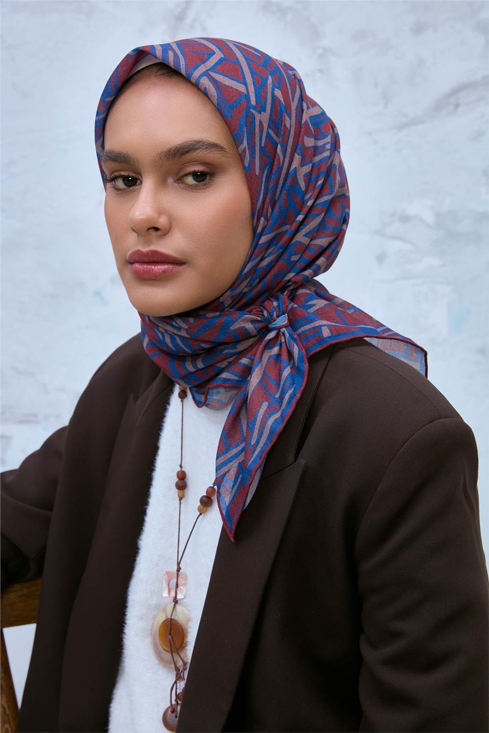 Soft Pamuk Eşarp Kiremit Mavi Sütlü Kahve Geometrik Desenli Hafif Dokulu 90x90