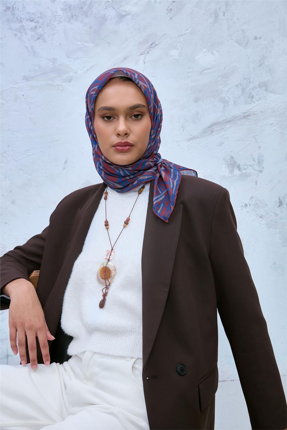 Soft Pamuk Eşarp Kiremit Mavi Sütlü Kahve Geometrik Desenli Hafif Dokulu 90x90