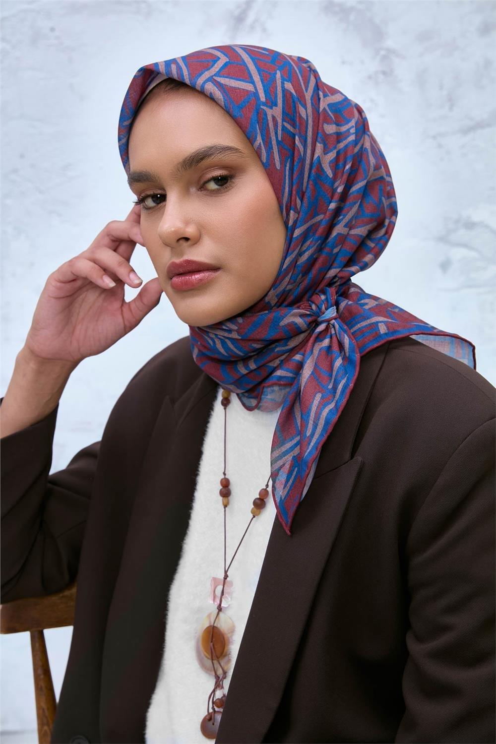 Soft Pamuk Eşarp Kiremit Mavi Sütlü Kahve Geometrik Desenli Hafif Dokulu 90x90