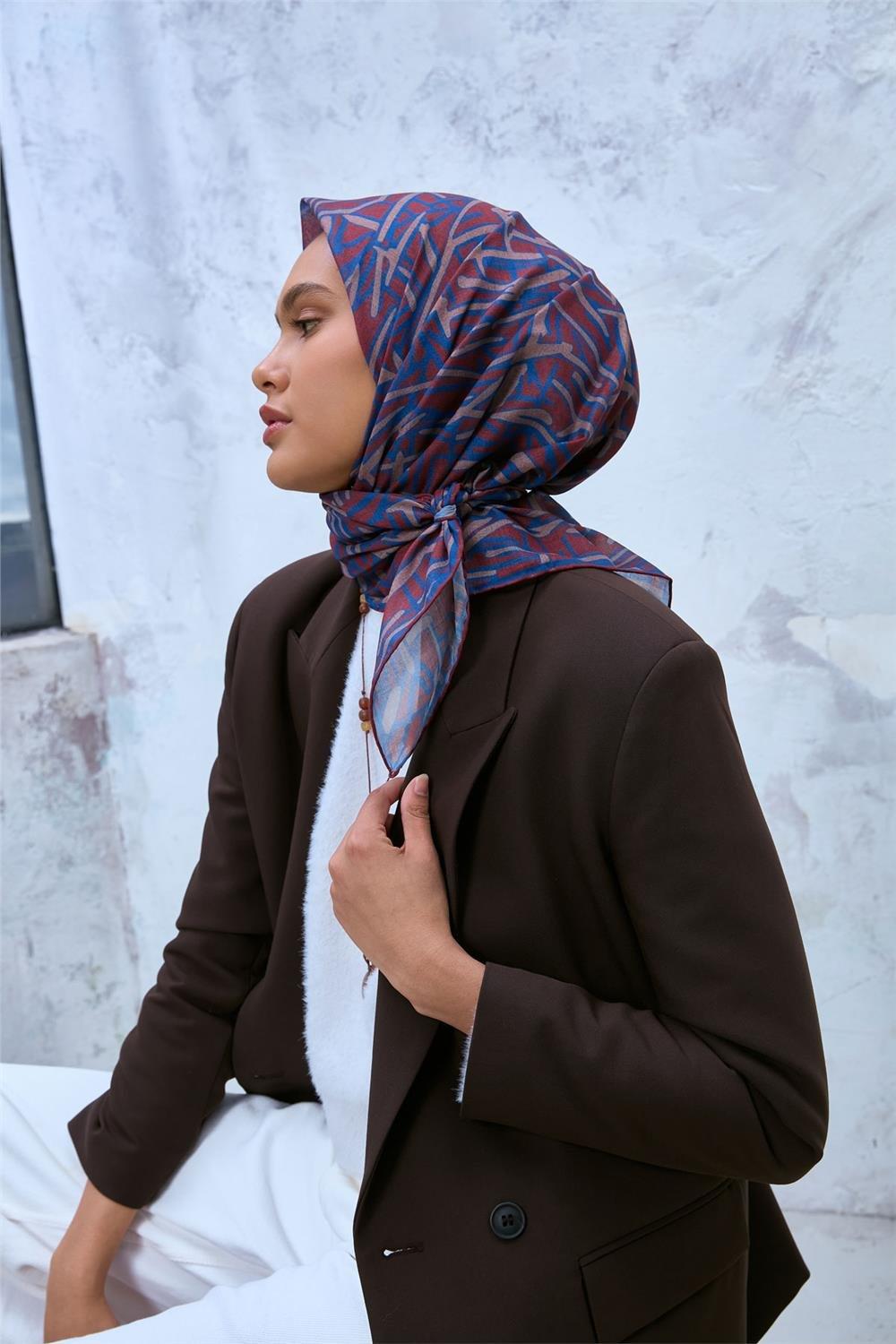 Soft Pamuk Eşarp Kiremit Mavi Sütlü Kahve Geometrik Desenli Hafif Dokulu 90x90