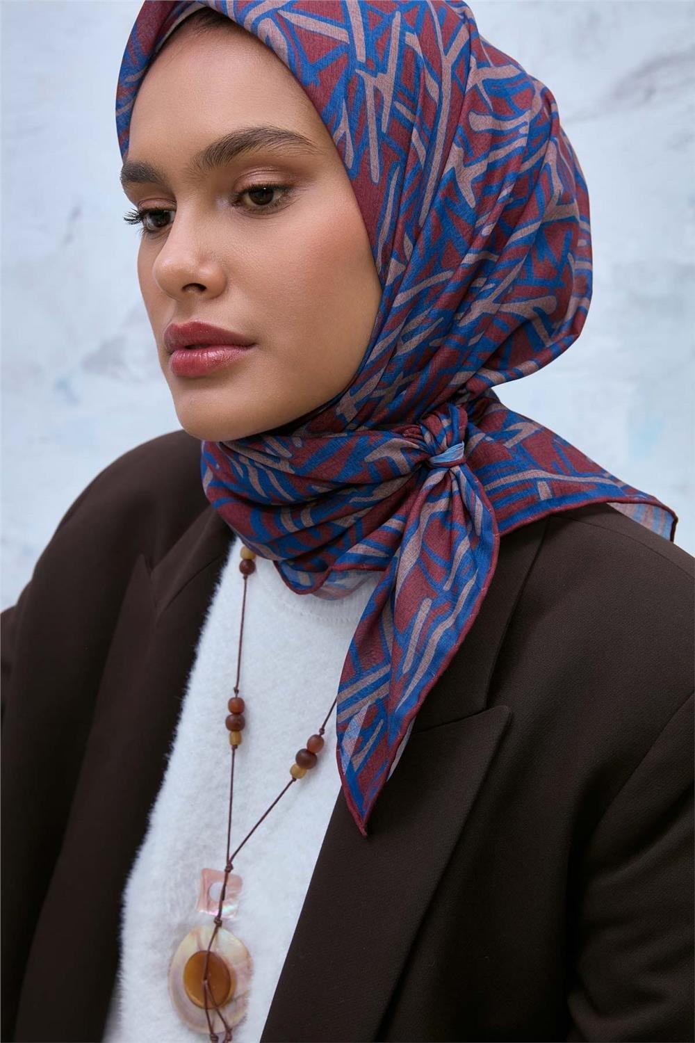 Soft Pamuk Eşarp Kiremit Mavi Sütlü Kahve Geometrik Desenli Hafif Dokulu 90x90