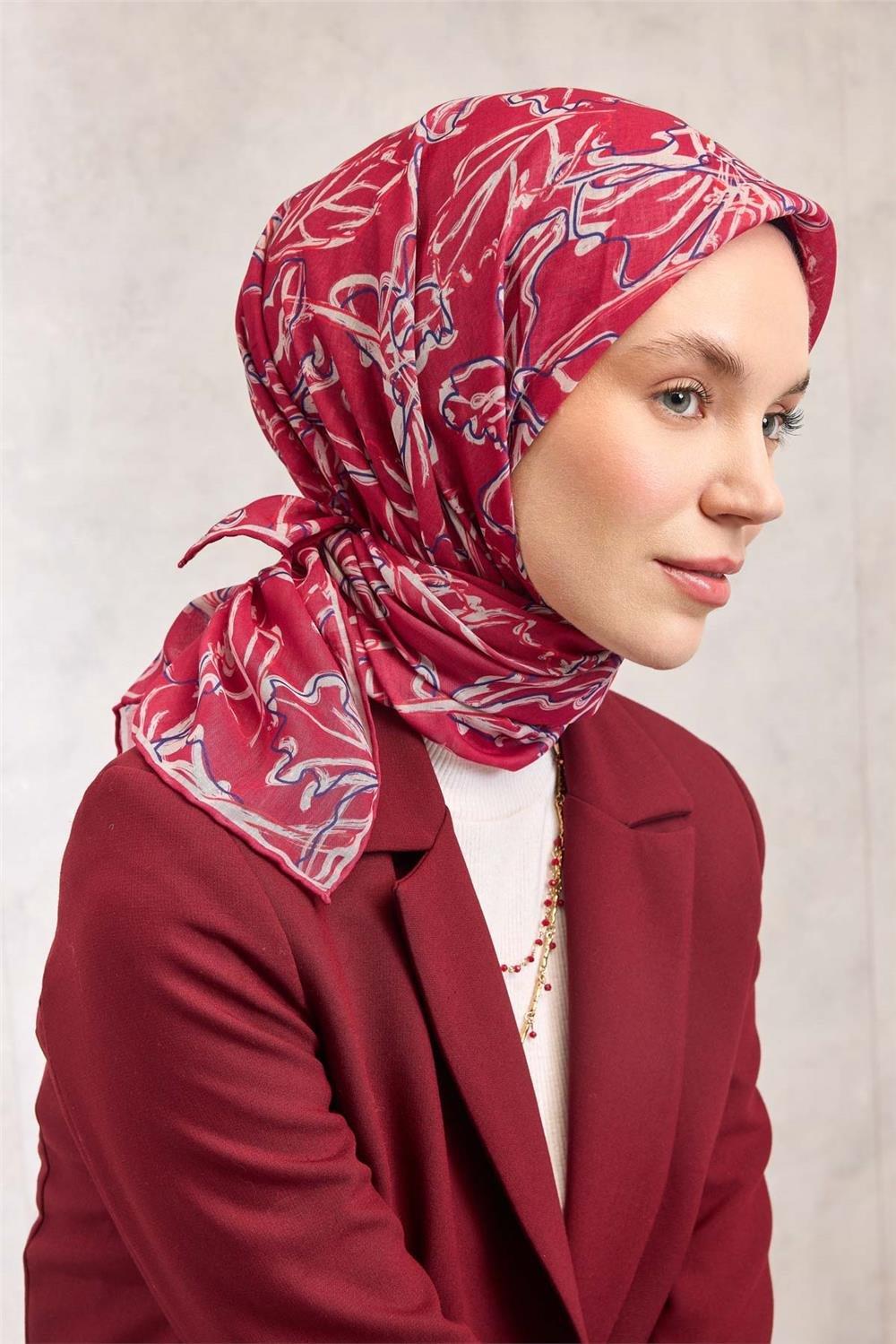 Pamuk Polyester Eşarp Fuşya-Mor Krem Desenli Soft Dokulu Tok Duruşlu 90x90