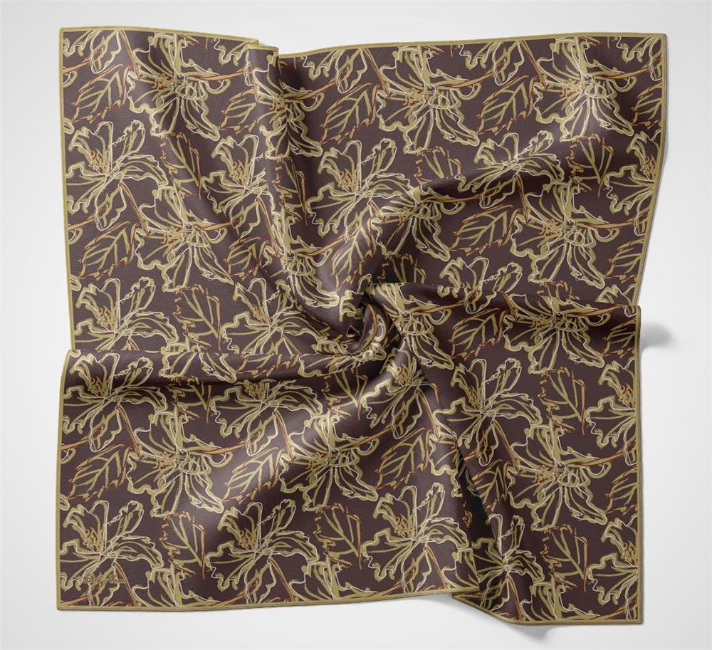 Pamuk Polyester Soft Eşarp Açık Kahverengi Lilium Desenli Kaymaz Dokulu 90x90