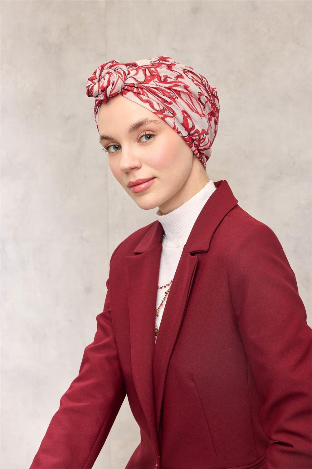 Pamuk Polyester Eşarp Krem-Kırmızı Siyah Desenli Soft Dokulu Tok Duruşlu 90x90