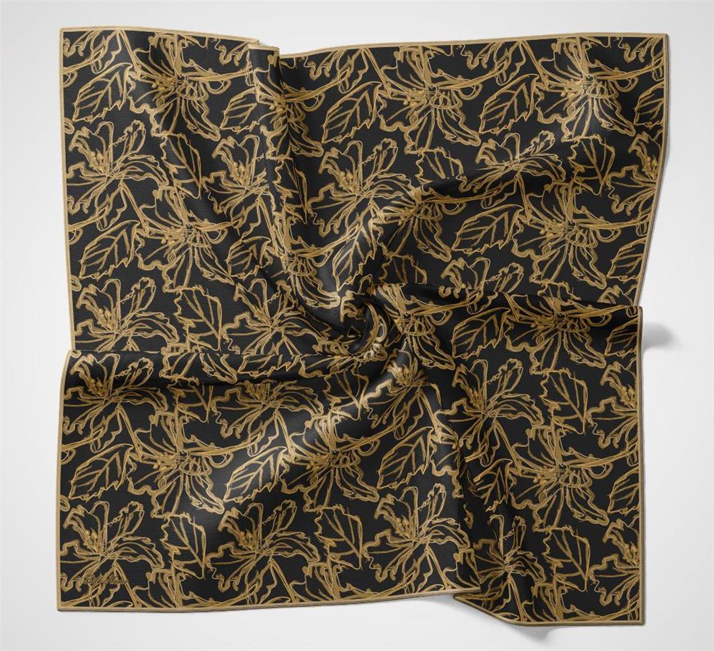 Pamuk Polyester Soft Eşarp Dumanlı Siyah Lilyum Desenli Tok Duruşlu 90x90