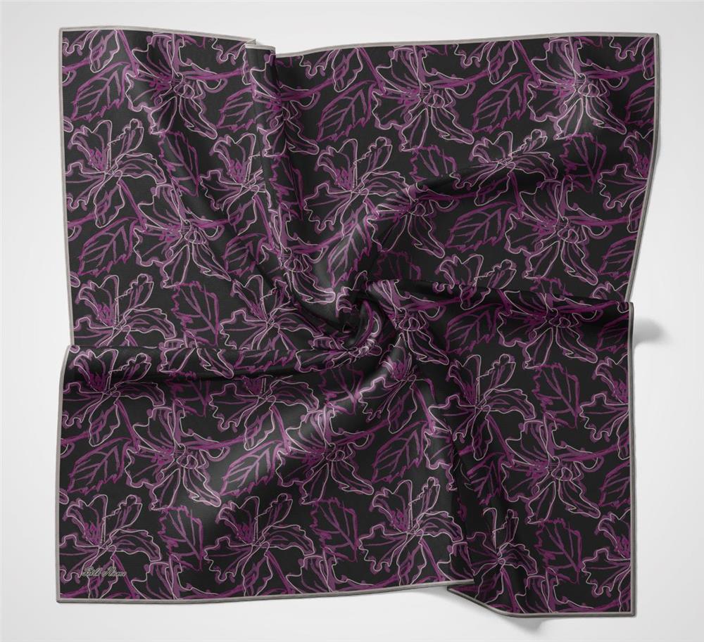 Pamuk Polyester Soft Eşarp Koyu Siyah Lilium Desenli Kaymaz Dokulu 90x90