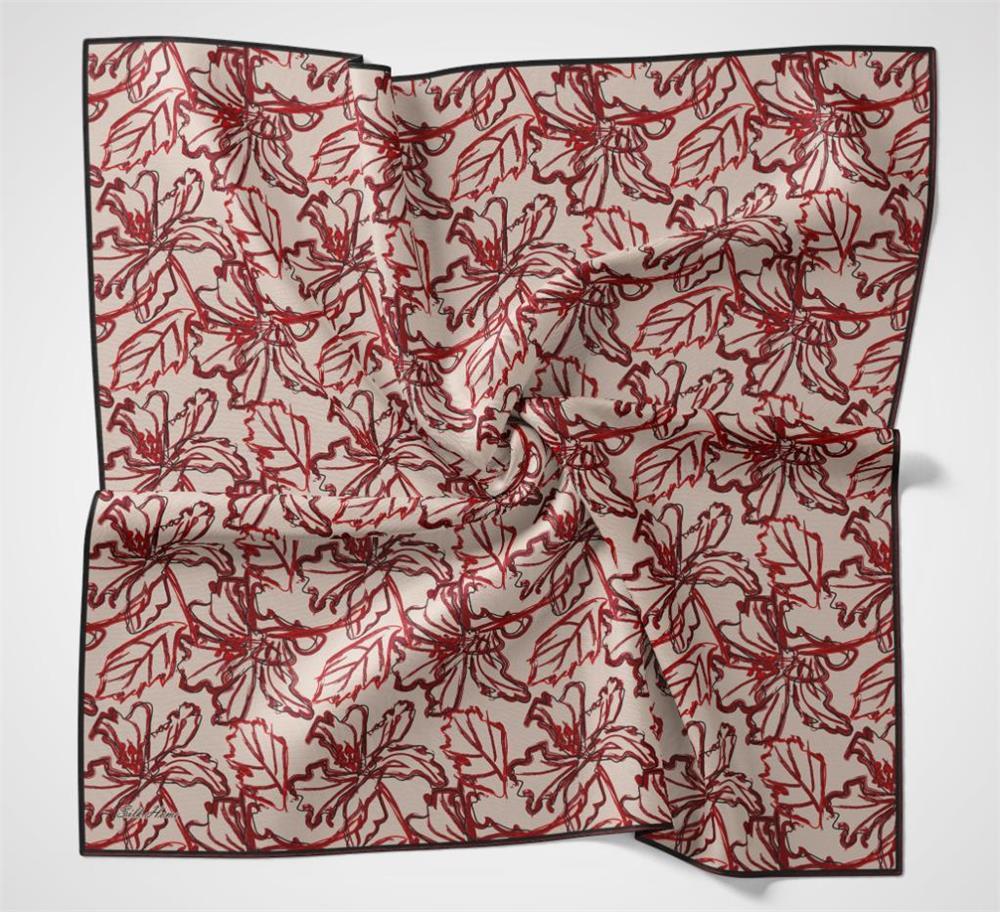 Pamuk Polyester Eşarp Krem-Kırmızı Siyah Desenli Soft Dokulu Tok Duruşlu 90x90