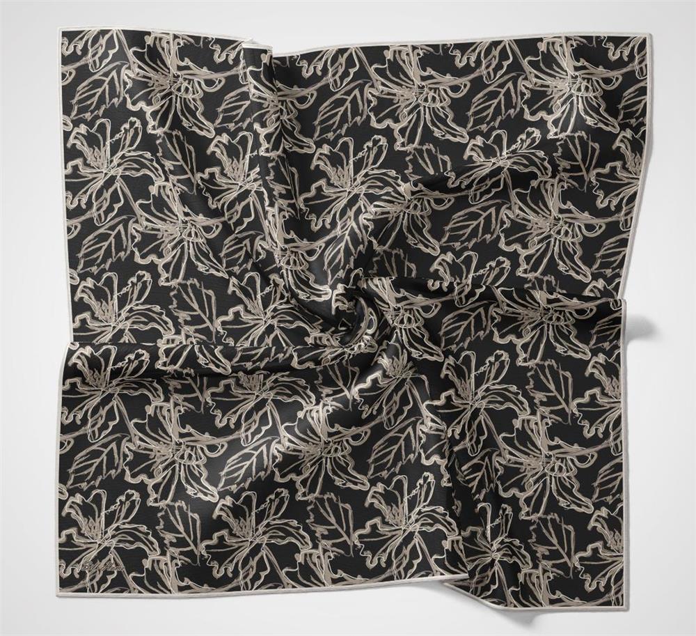 Pamuk Polyester Soft Eşarp Siyah Lilium Desenli Kaymaz Dokulu 90x90