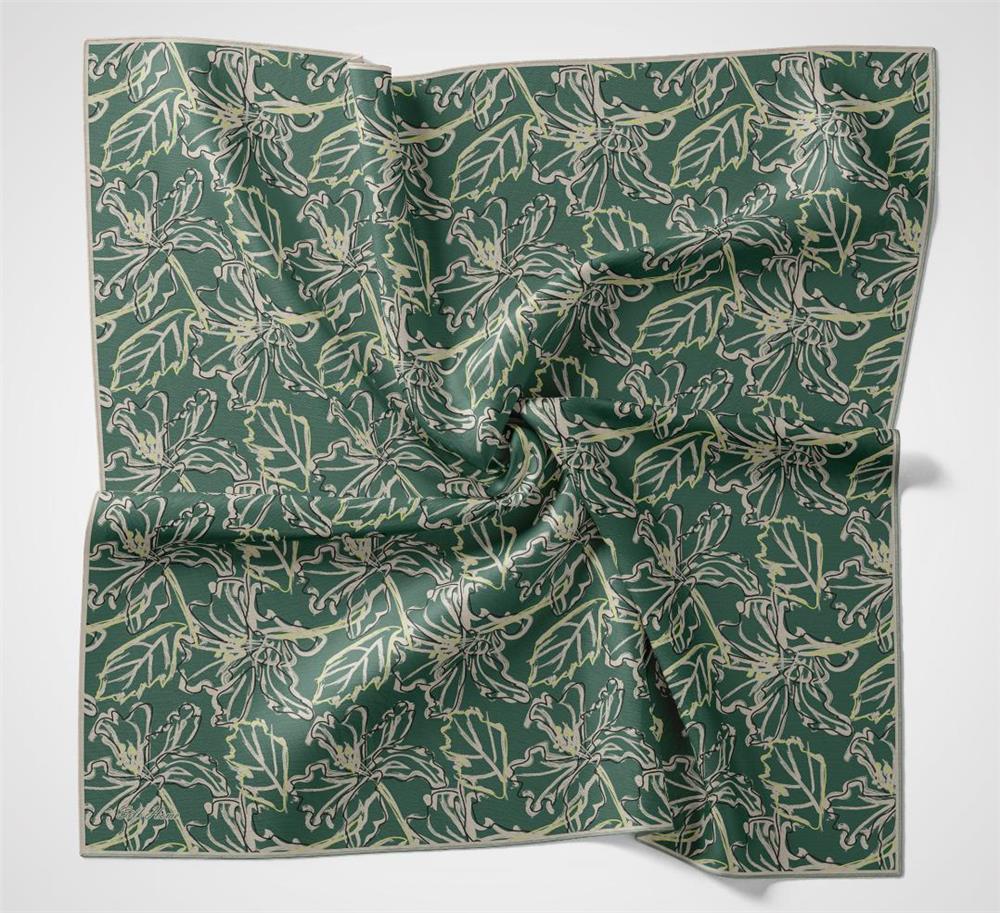 Pamuk Polyester Soft Eşarp Patina Yeşili Lilium Desenli Kaymaz Dokulu 90x90