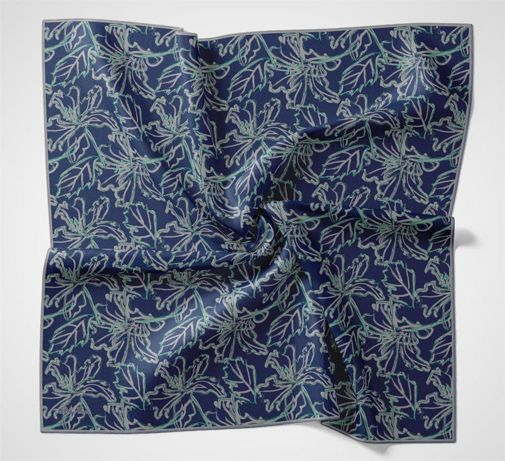 Pamuk Polyester Soft Eşarp Koyu Mavi Lilium Desenli Kaymaz Dokulu 90x90