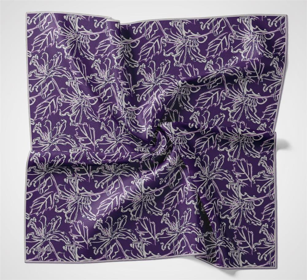 Pamuk Polyester Soft Eşarp Mor Lilium Desenli Kaymaz Dokulu 90x90