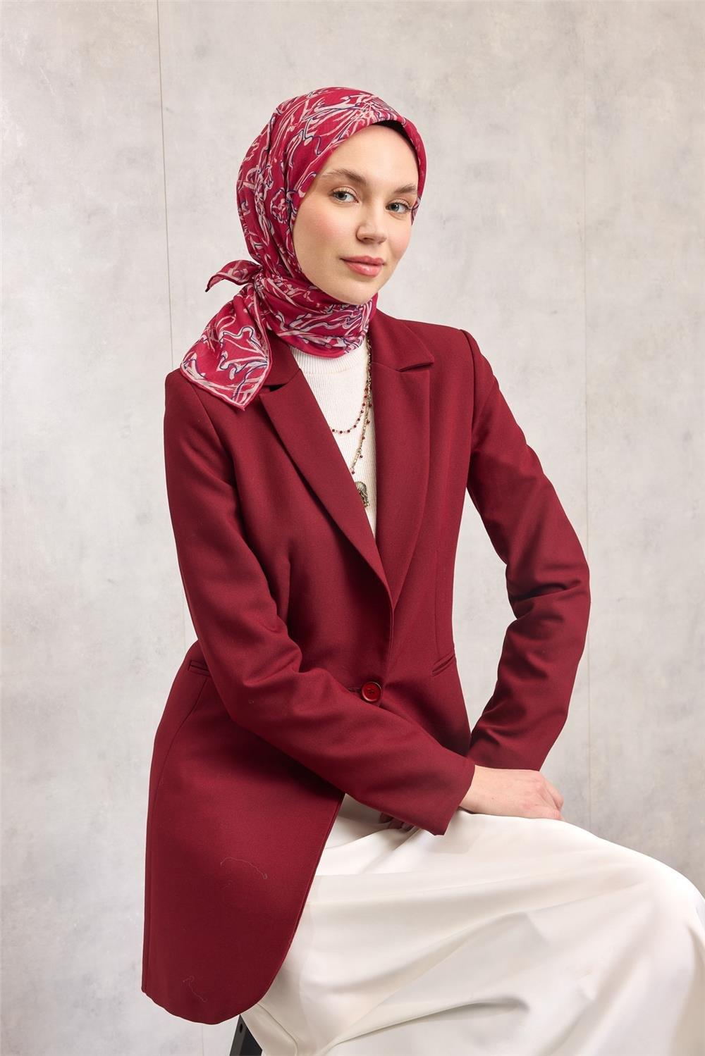 Pamuk Polyester Eşarp Fuşya-Mor Krem Desenli Soft Dokulu Tok Duruşlu 90x90