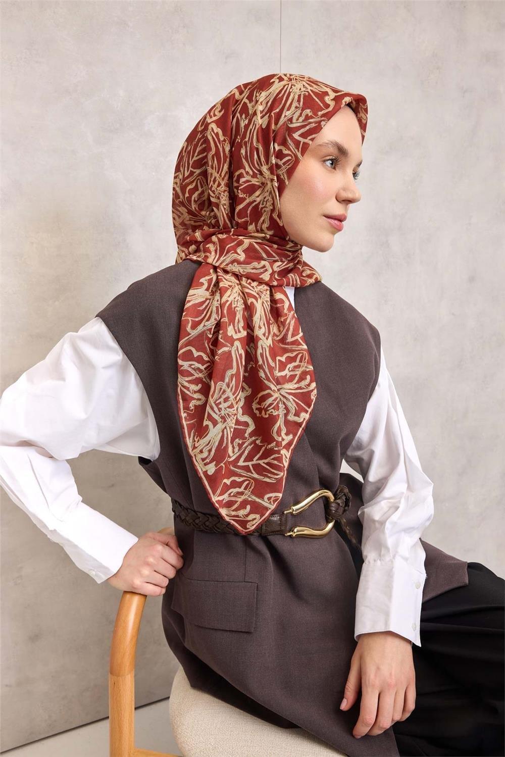 Pamuk Polyester Soft Eşarp Kiremit Lilium Desenli Kaymaz Dokulu 90x90