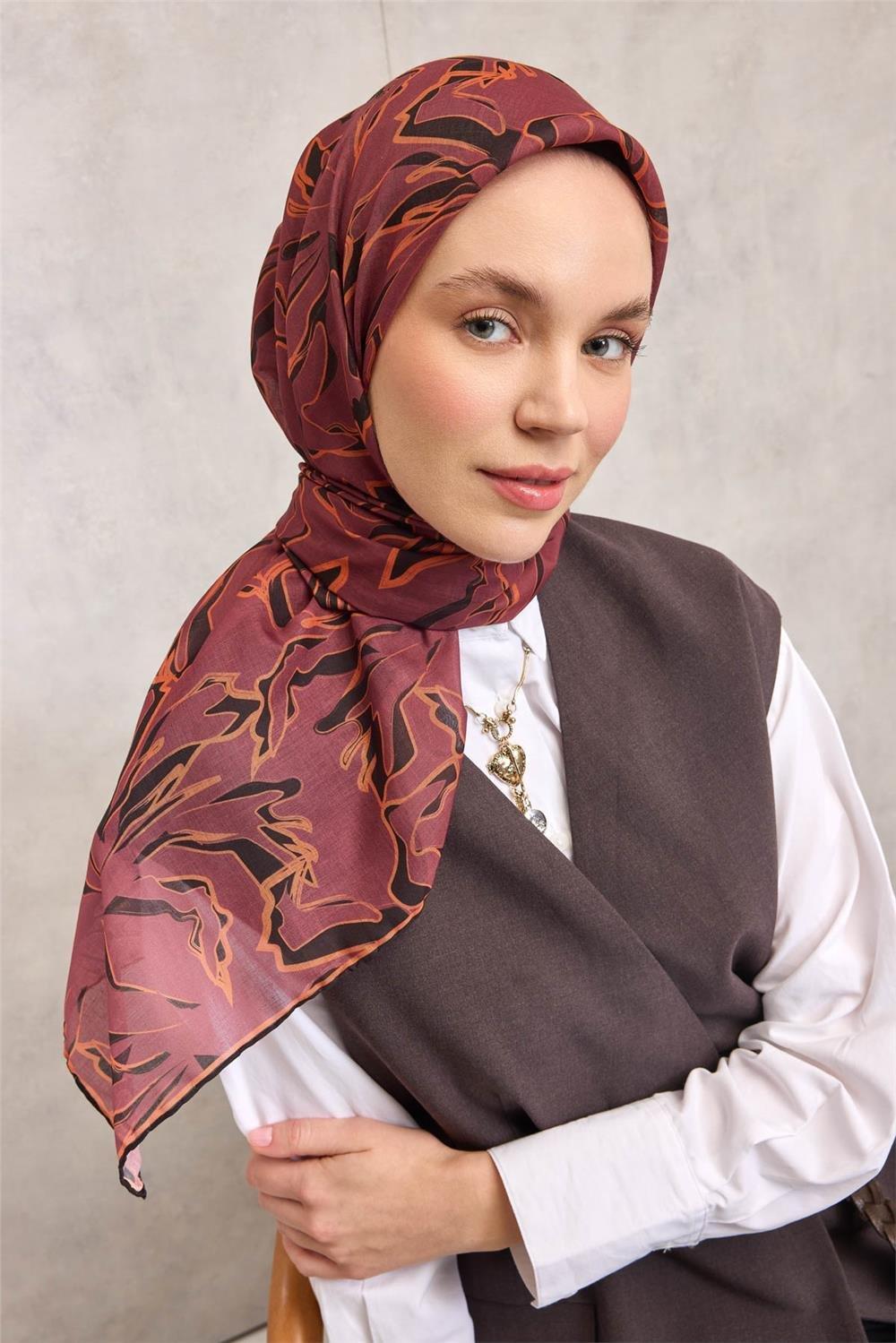 Pamuk Polyester Soft Eşarp Açık Mürdüm Soyut Desenli Tok Duruşlu 90x90