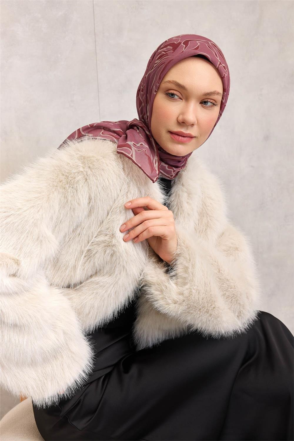 Pamuk Polyester Soft Eşarp Gül Kurusu Soyut Desenli Tok Duruşlu 90x90