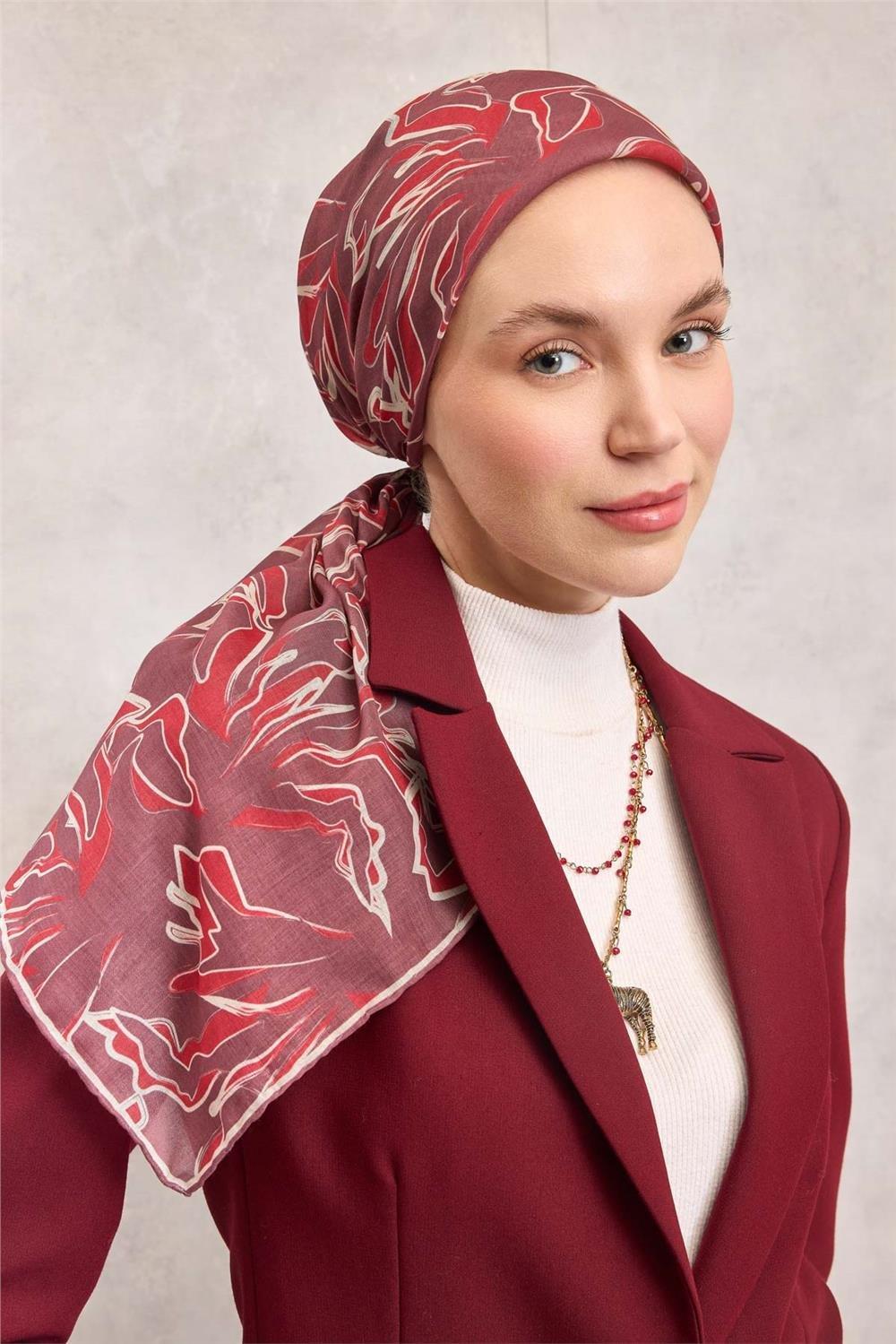 Pamuk Polyester Soft Eşarp Lila Soyut Desenli Tok Duruşlu 90x90