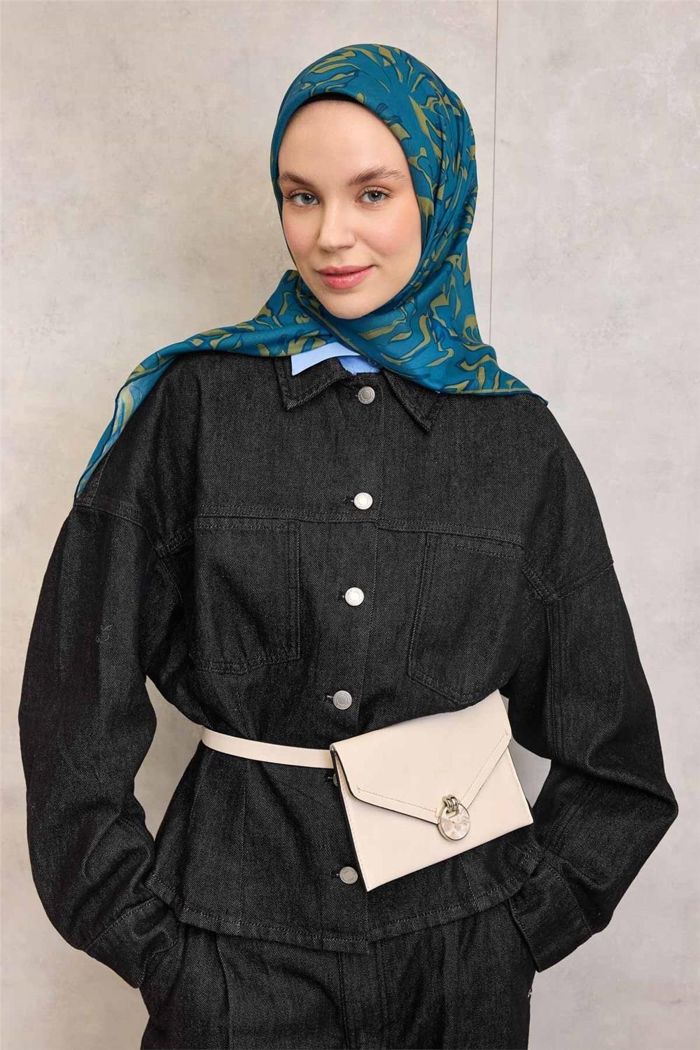 Pamuk Polyester Soft Eşarp Mavi Soyut Desenli Tok Duruşlu 90x90