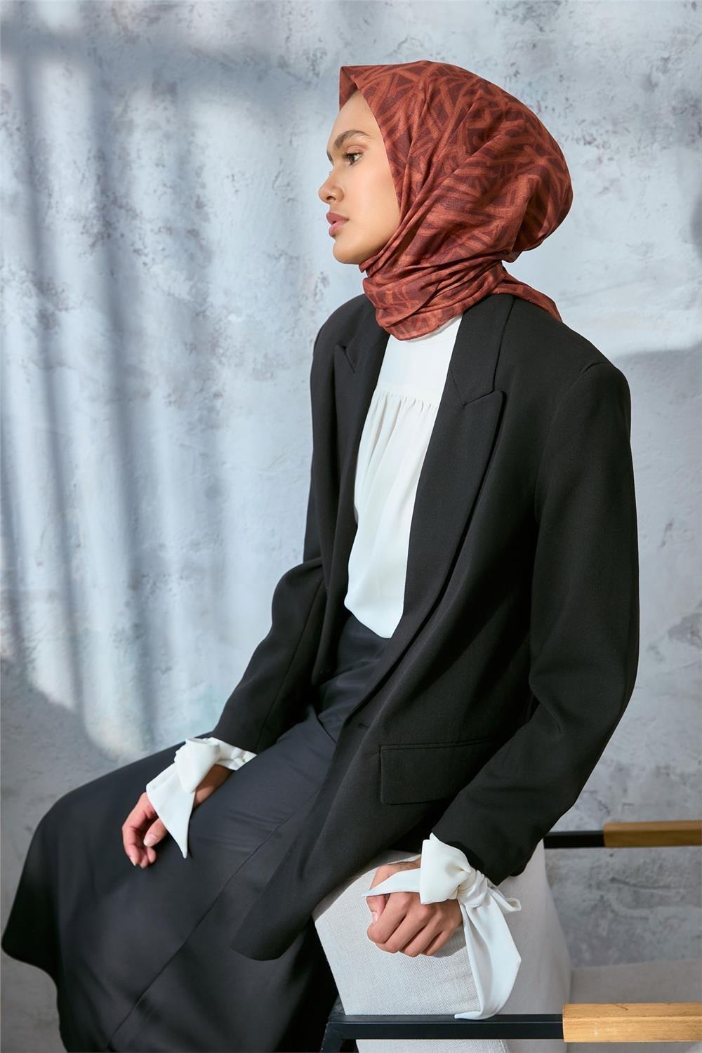 Soft Pamuk Eşarp Taba Kiremit Turuncu Geometrik Desenli Hafif Dokulu 90x90