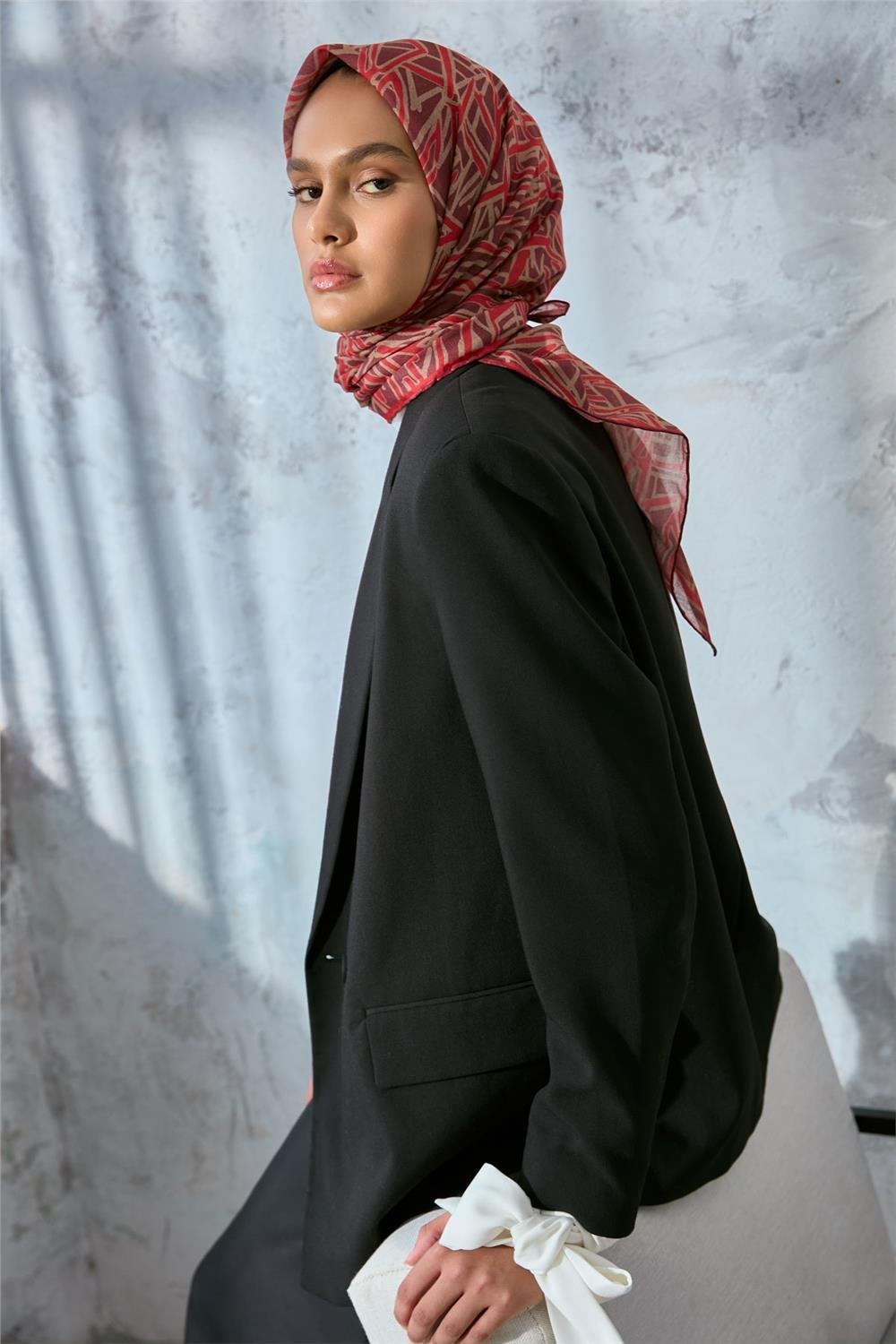 Soft Pamuk Eşarp Vişne Mercan Bej Geometrik Desenli Hafif Dokulu 90x90