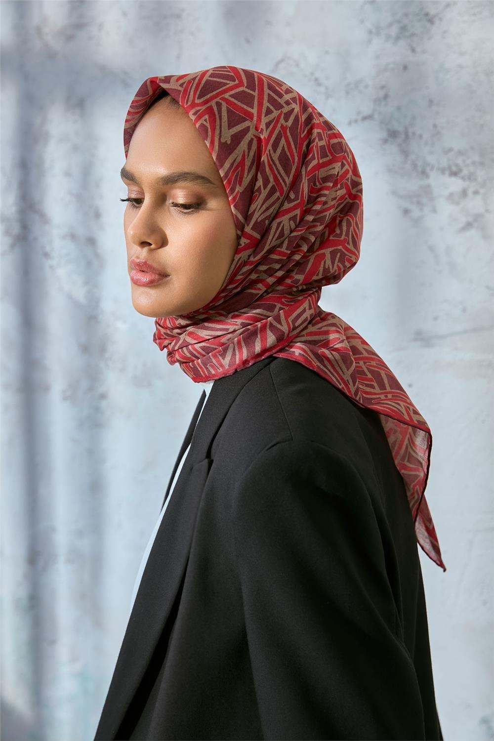 Soft Pamuk Eşarp Vişne Mercan Bej Geometrik Desenli Hafif Dokulu 90x90