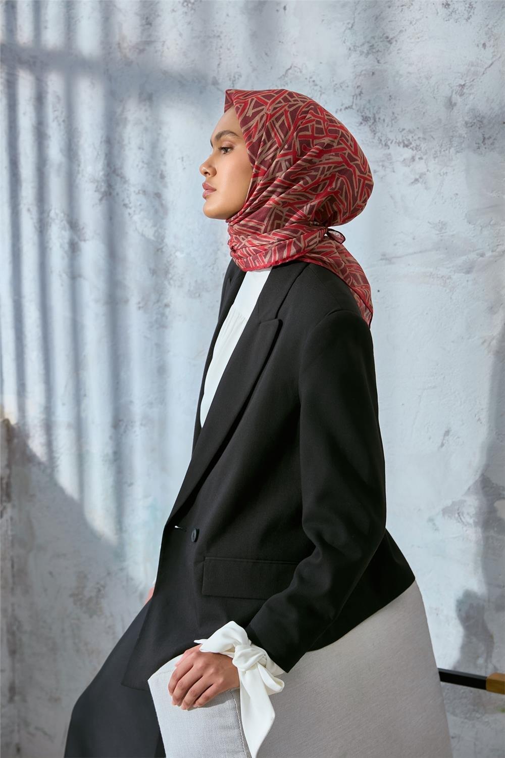 Soft Pamuk Eşarp Vişne Mercan Bej Geometrik Desenli Hafif Dokulu 90x90