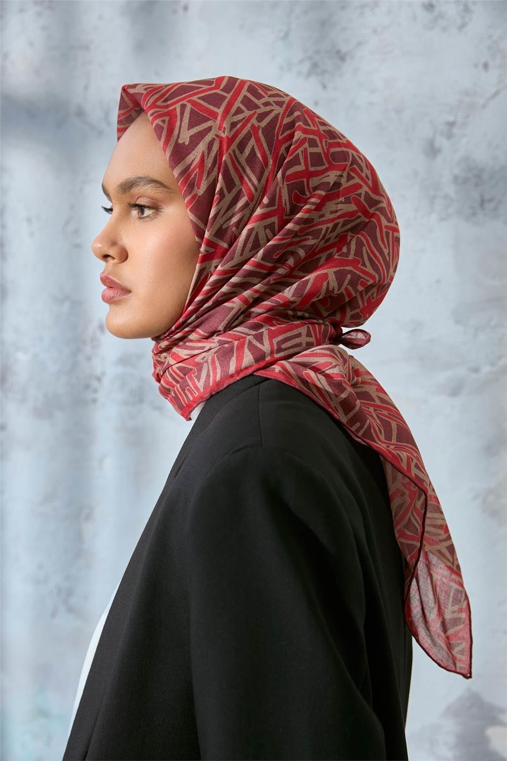 Soft Pamuk Eşarp Vişne Mercan Bej Geometrik Desenli Hafif Dokulu 90x90