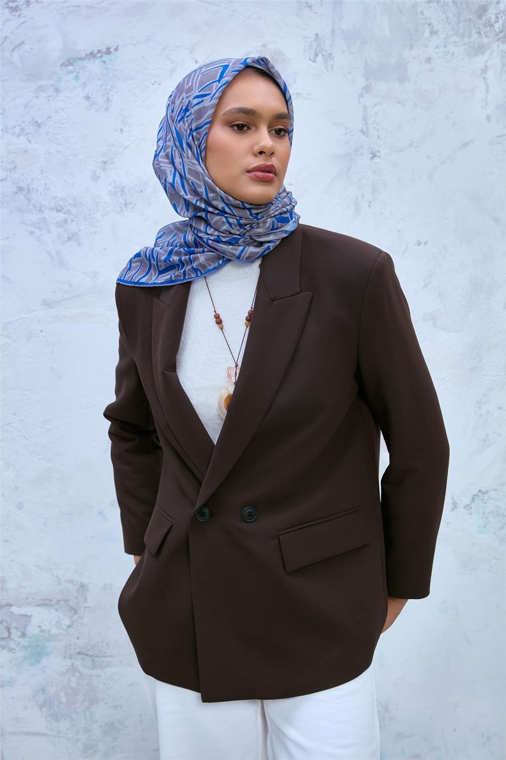 Soft Pamuk Eşarp Mavi Gümüş Vizon Geometrik Desenli Hafif Dokulu 90x90