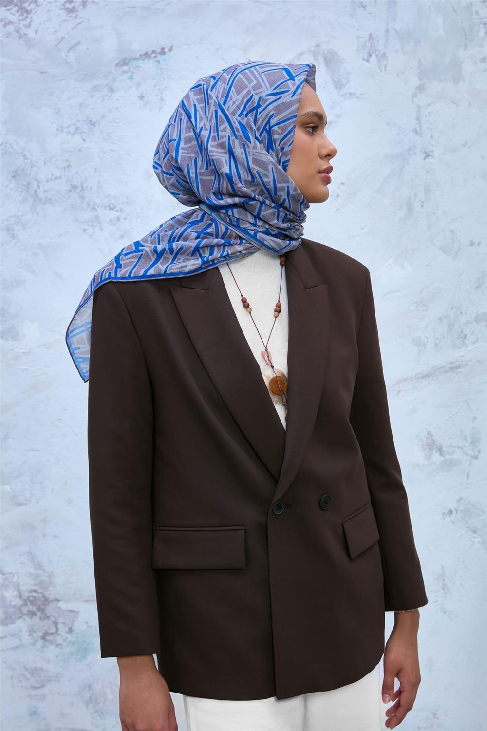 Soft Pamuk Eşarp Mavi Gümüş Vizon Geometrik Desenli Hafif Dokulu 90x90