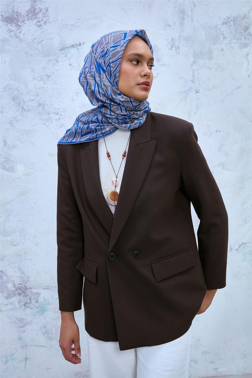 Soft Pamuk Eşarp Mavi Gümüş Vizon Geometrik Desenli Hafif Dokulu 90x90