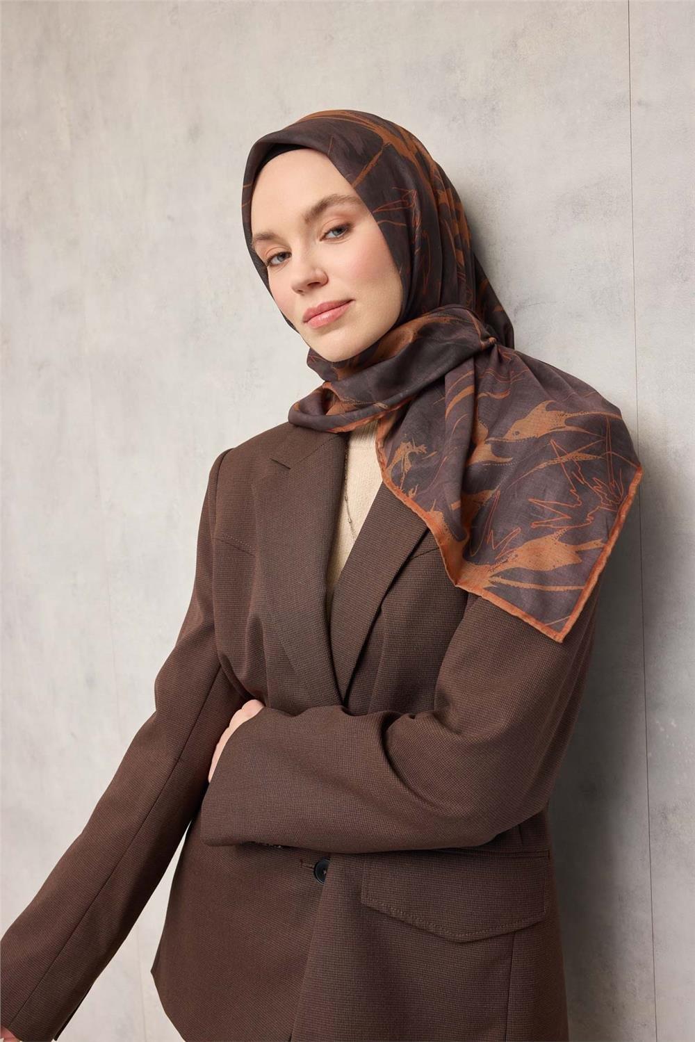 Pamuk Polyester Soft Eşarp Yaprak Desen Kestane 90x90