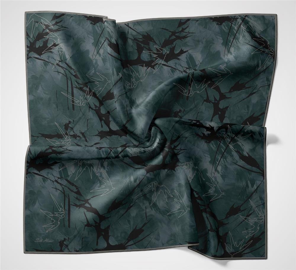 Pamuk Polyester Soft Eşarp Yaprak Desen Açık Petrol Mavisi 90x90