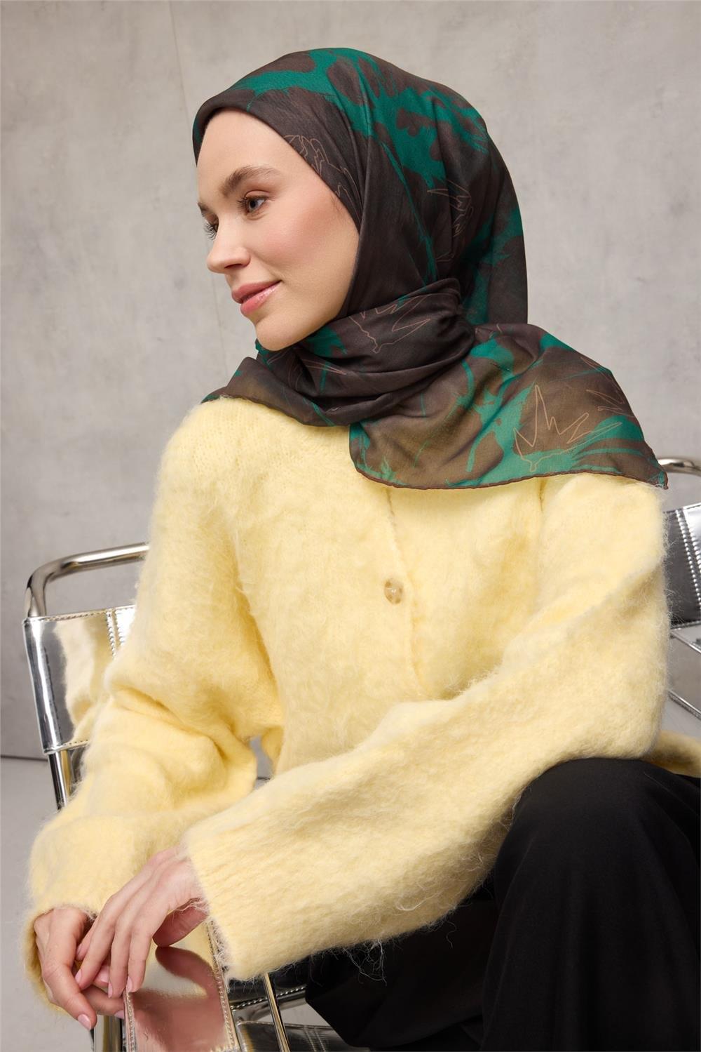 Pamuk Polyester Soft Eşarp Yaprak Desen Acı Kahve 90x90