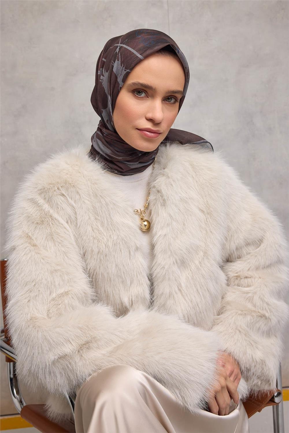 Pamuk Polyester Soft Eşarp Yaprak Desen Kızıl Kahve 90x90