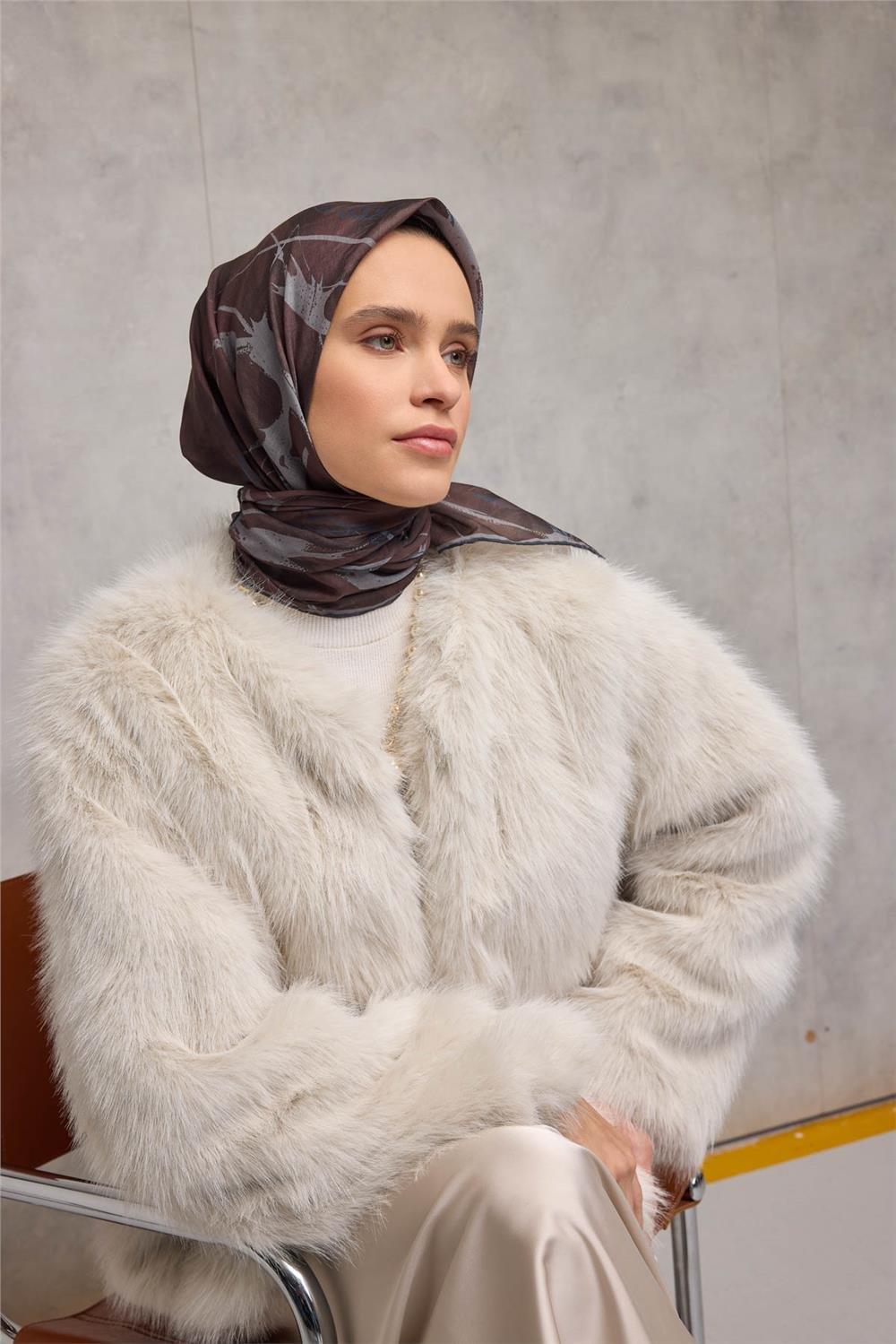 Pamuk Polyester Soft Eşarp Yaprak Desen Kızıl Kahve 90x90