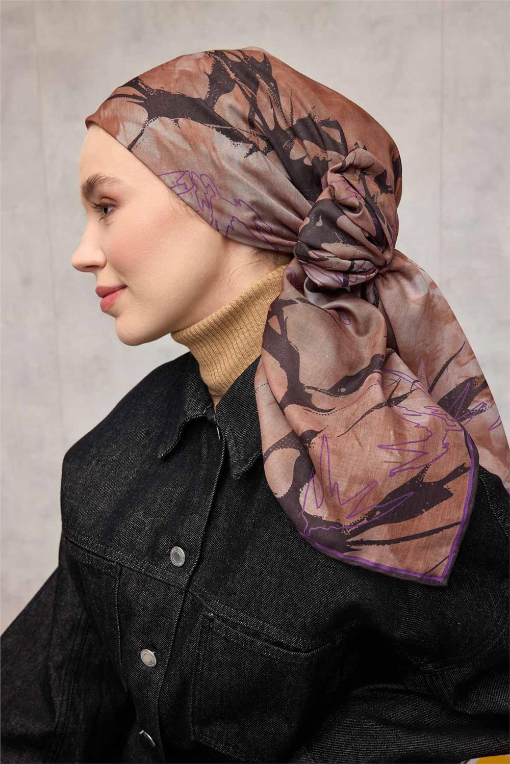 Pamuk Polyester Soft Eşarp Yaprak Desen Mor 90x90