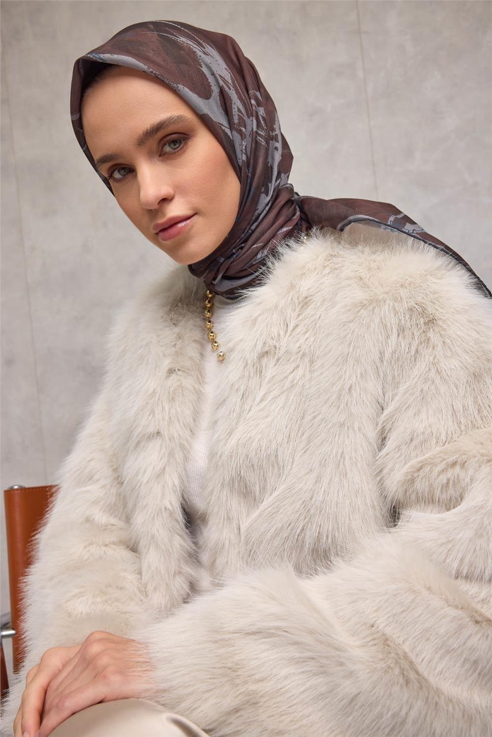 Pamuk Polyester Soft Eşarp Yaprak Desen Kızıl Kahve 90x90