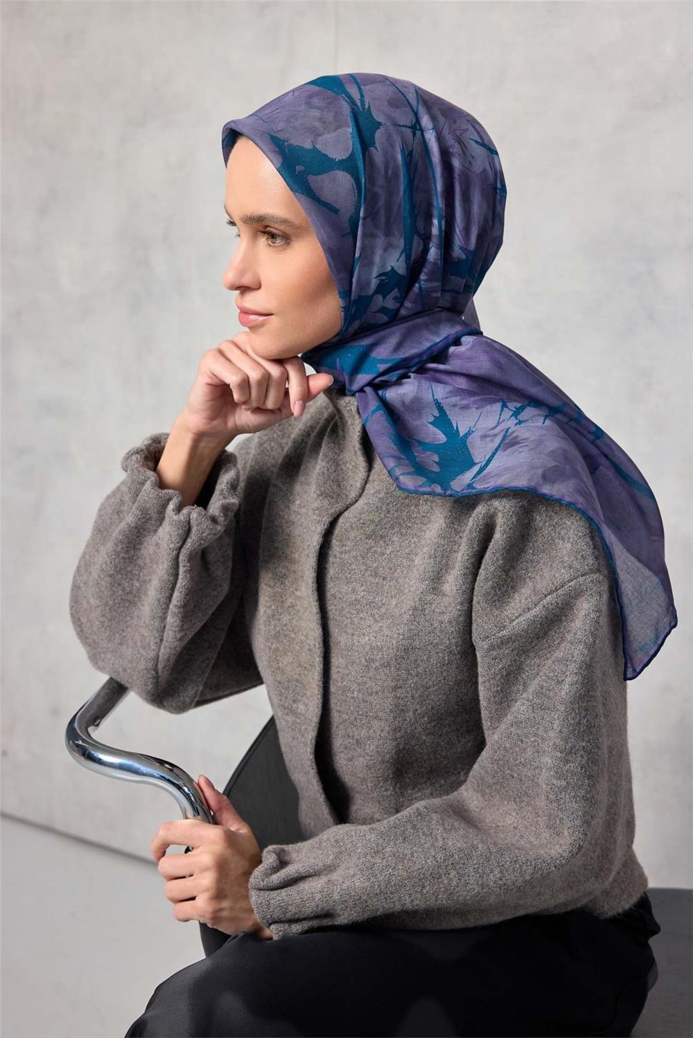 Pamuk Polyester Soft Eşarp Yaprak Desen Lavanta 90x90