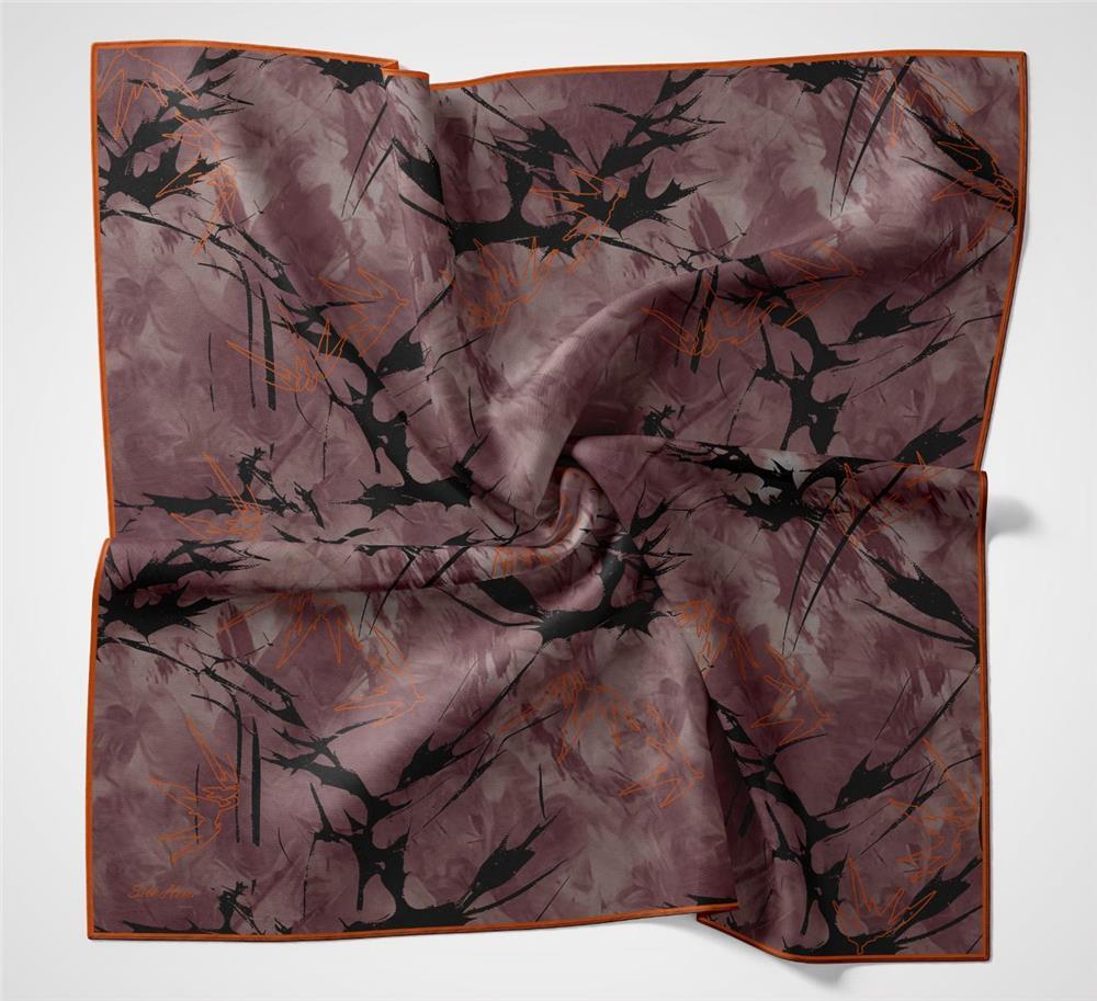 Pamuk Polyester Soft Eşarp Yaprak Desen Gül Kurusu 90x90