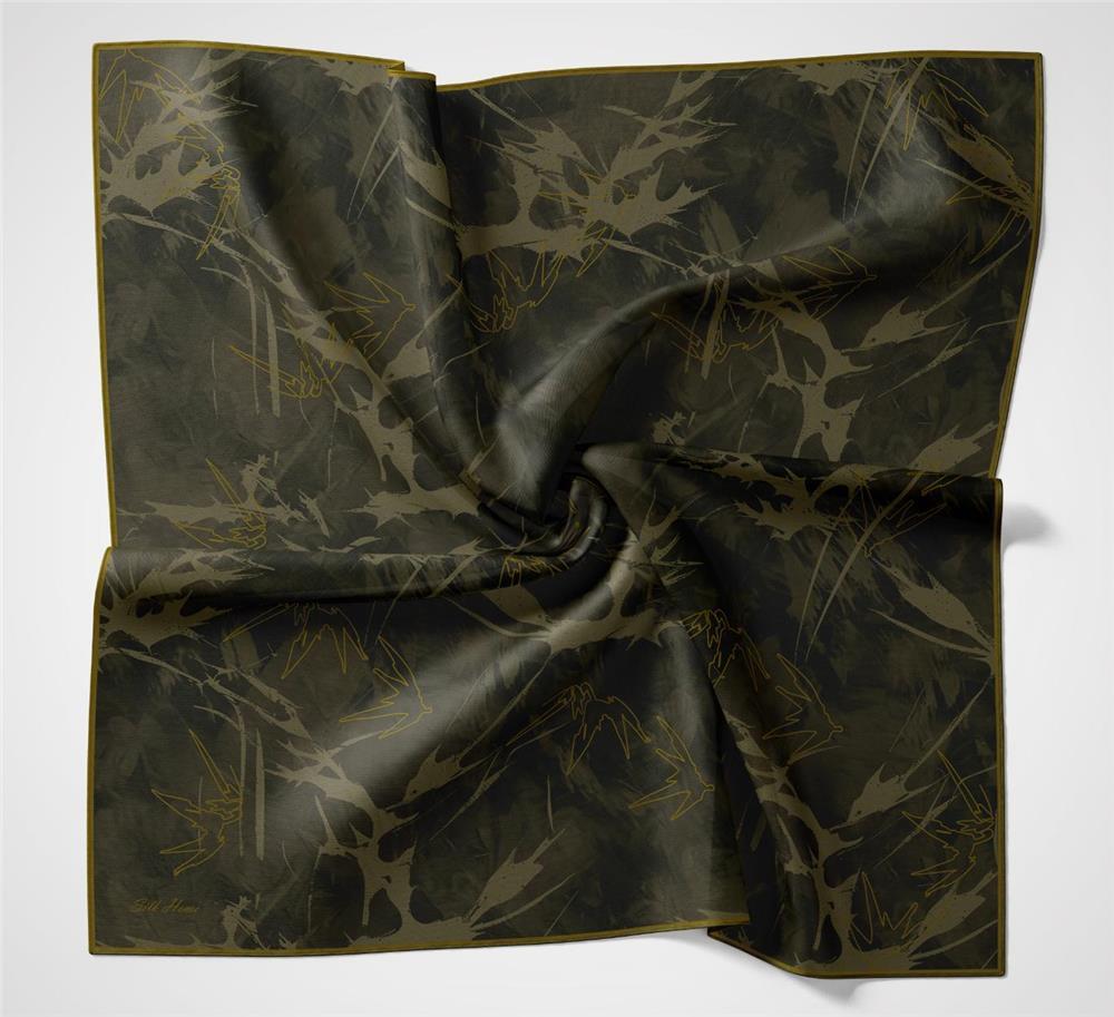 Pamuk Polyester Soft Eşarp Yaprak Desen Asker Yeşili 90x90