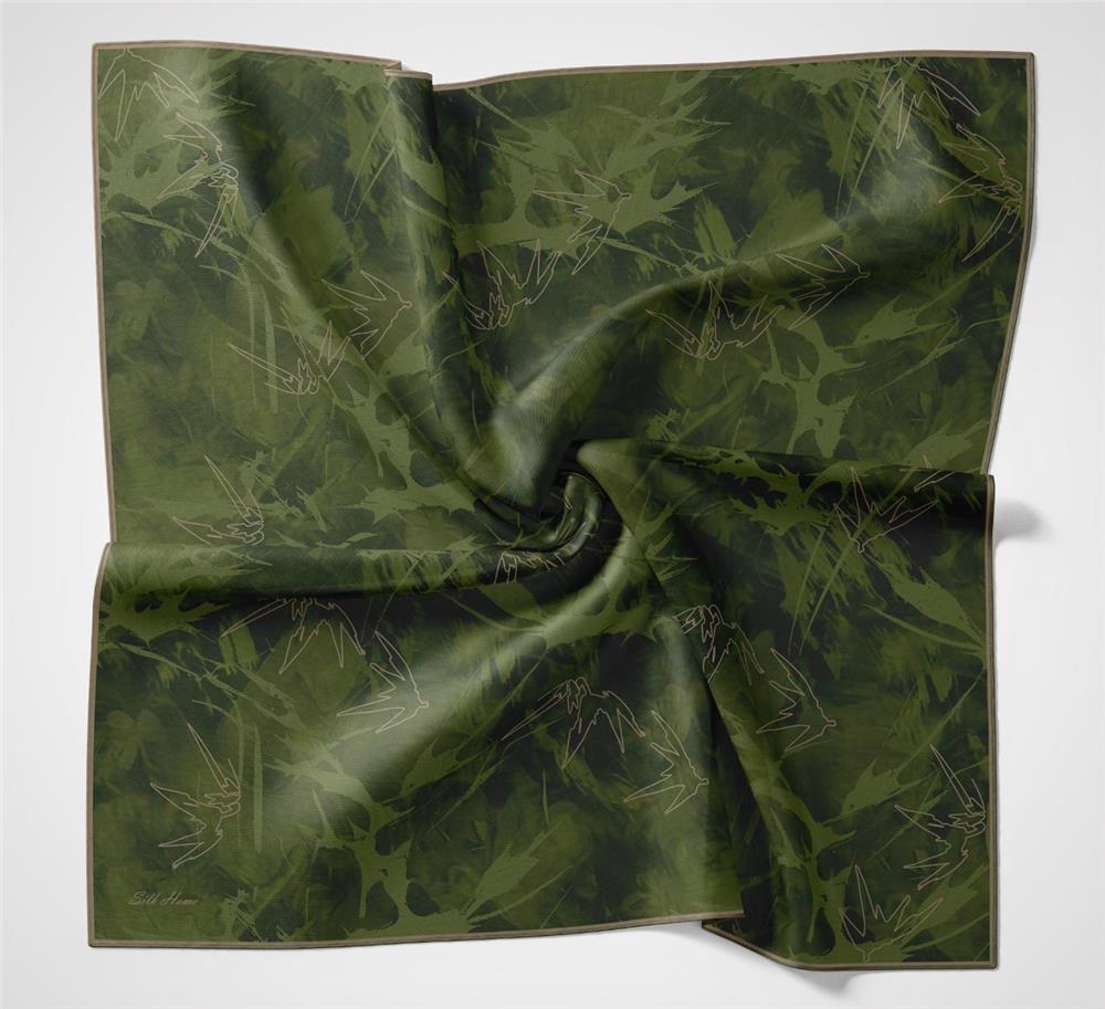 Pamuk Polyester Soft Eşarp Yaprak Desen Zümrüt Yeşili 90x90