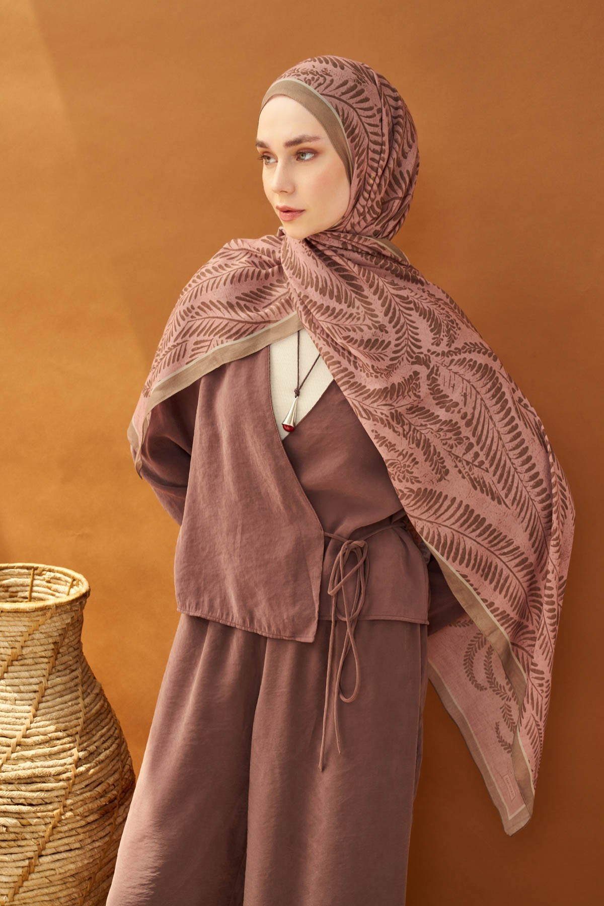 Riva Şal Tencel Boston Fern Pudra Vizon