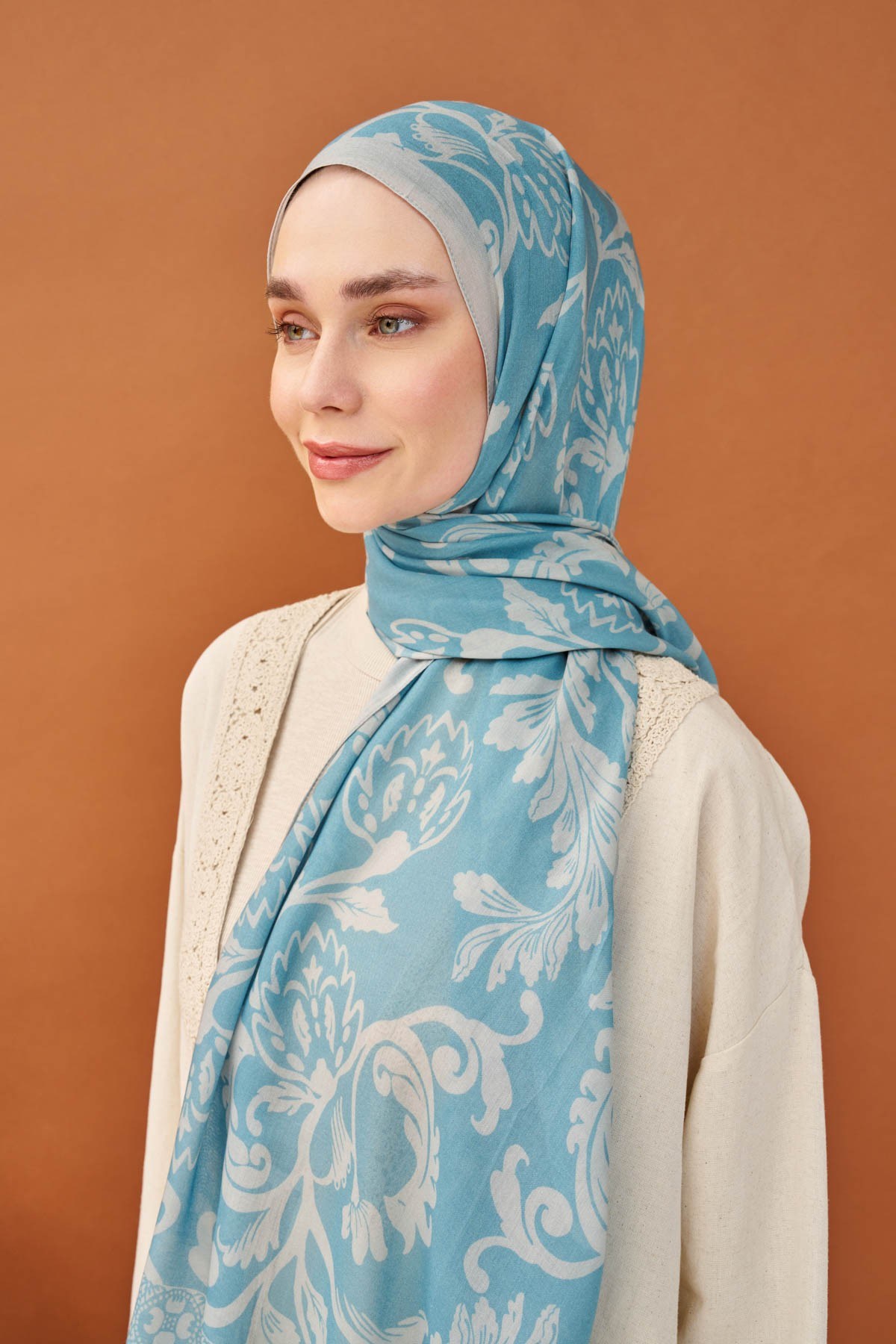Riva Şal Tencel Floral Gök Mavisi